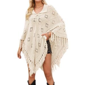 9352 Women's Fashion Fringe Knitted Poncho Cape Lapel Hollow Crochet Shawl